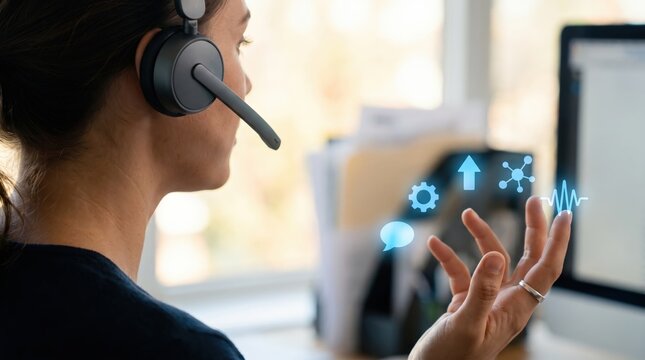 Customer Service Professional Wearing Headset with Glowing Blue Holographic Communication Icons, AI Data Technology, Remote Support and Digital Business Concepts in Modern Office