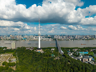 A high aerial view captures the television tower and the long bridge crossing the wide river in the city of Wuhan in China on a sunny day © AS_SleepingPanda