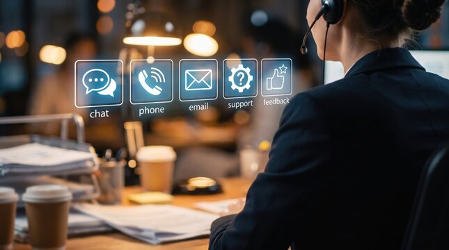 Call Center Customer Service Woman with Headset and Glowing Blue Holographic Chat Phone Email Support Feedback Icons, Digital Communication Technology, AI Customer Care, Business Helpdesk Concepts