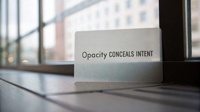 Sign with the Quote Opacity Concedes Intent Placed on Wooden Surface Near Window with Urban Background