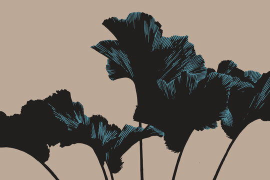 Hand drawn line engraving of Licuala palm leaves with bold fan-shaped foliage and cropped composition, creating a striking tropical botanical background for packaging, textiles, posters, and editorial