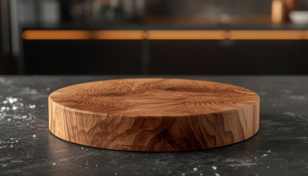 Round wooden cutting board on black marble countertop in modern kitchen background for culinary food product mockup