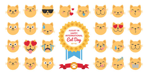 Fototapeta premium Set of yellow cat face emojis with various expressions, international cat day badge with paw prints, and a red ribbon banner on a white background