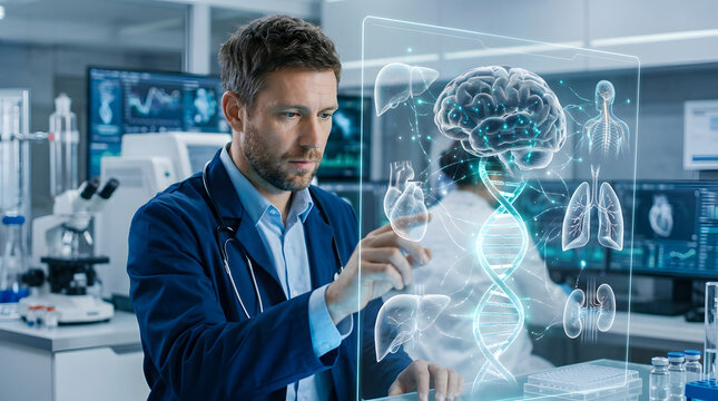 Male doctor analyzing holographic medical data with digital brain interface in modern lab