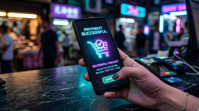 Close-up of a hand holding a smartphone showing a successful payment confirmation screen in a busy market