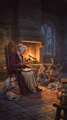 Obraz premium Cozy Christmas Scene with Woman Reading to Children by Fireplace in Medieval Room