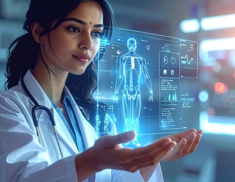 A female doctor in a white lab coat views a futuristic holographic human body scan