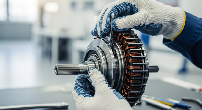 Technician's gloved hands assembling an electric motor component with copper windings.
