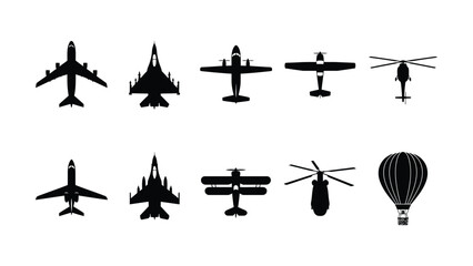 Collection of various aircraft and air vehicles in silhouette style © MdAshfakurRahman