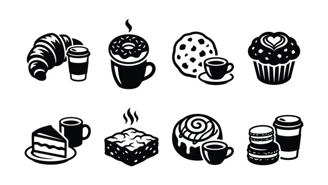 Black and white icons set of various coffee shop pastries and beverages
