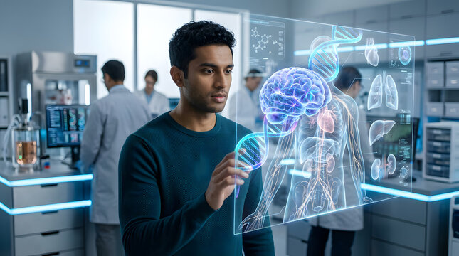 Male scientist interacting with futuristic holographic brain and skeletal system display in modern research laboratory