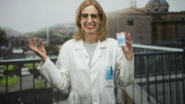 Woman doctor wearing labcoat holding a jar of cottonswabs with eyes closed and ok hand gesture on a building balcony; calm focus.