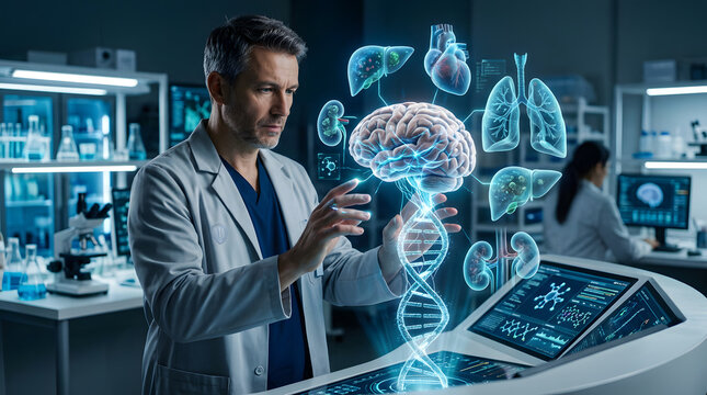 Male scientist in lab coat interacting with holographic medical interface and dna visualization