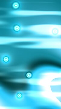 Luminous teal background with blurred light streaks and glowing blue circular orbs.