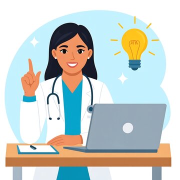 A female doctor with a lightbulb idea sits at a desk with a laptop