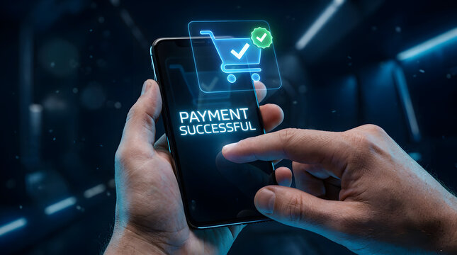 Hand interacting with smartphone showing payment successful screen with shopping cart icon