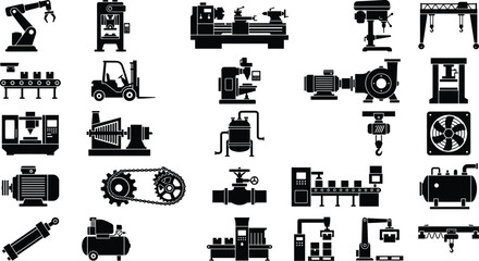 Obraz premium Vector collection of industrial and mechanical silhouette icons including robotic arms, cranes, conveyors, pumps, and compressors