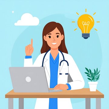A female doctor with brown hair in a white coat sits at a desk with a laptop, pointing upwards with a smile, surrounded by a lightbulb, plant, and cloud