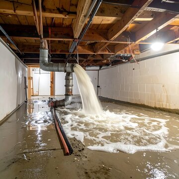 A flooded basement with water gushing from a pipe under the ceiling
