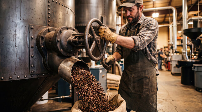 Worker valve coffee silo metal factory industrial bean machinery worker opening massive metal valve on coffee silo as roasted bean pour into sack, focused labor inside processing facility