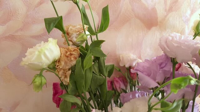 Eustoma. Irish Rose. Close-up of a wilted lisianthus bouquet with drooping petals, ephemeral beauty, fading romance, melancholy mood, floral texture