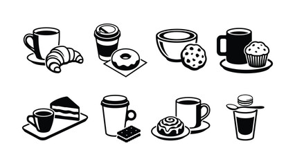 Obraz premium Black and White Illustrations of Coffee and Breakfast Food Combinations