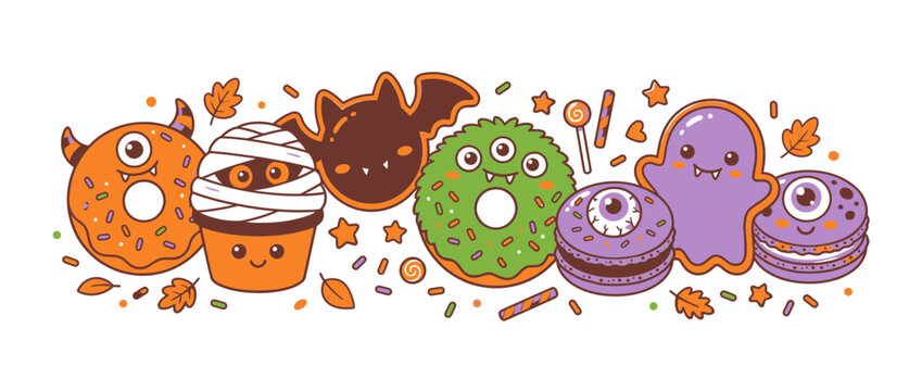 Cute Halloween Treats: Monster Donuts, Mummy Cupcake, Bat Cookie, Ghost & Eyeball Macarons