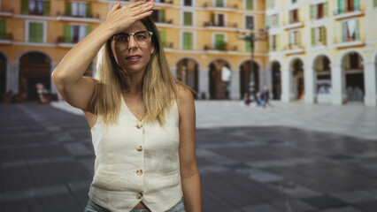 Fototapeta premium Woman with hand to forehead and glasses, sleeveless vest and jeans, standing in a sunlit street plaza with arcades and paving, appearing overheated; heat fatigue.