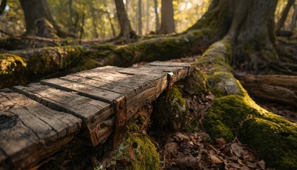 Fototapeta premium Rustic wooden walkway through sunlit mossy forest roots creating a tranquil magical woodland path for natural design.