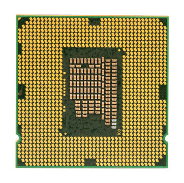 Bottom View of Computer CPU Processor with Gold Contact Pads Isolated on Transparent Background