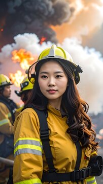 A female firefighter stands resolute in front of a burning building