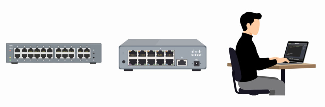 Professional working with Cisco network switch and Ethernet hub at desk