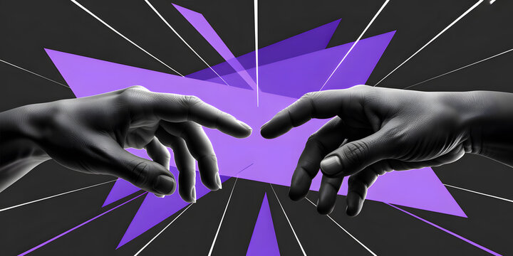 Two hands reaching to touch fingers against abstract geometric purple background creating connection.