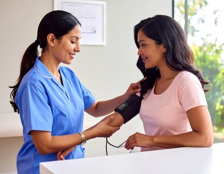 A female healthcare professional in blue scrubs taking a woman's blood pressure