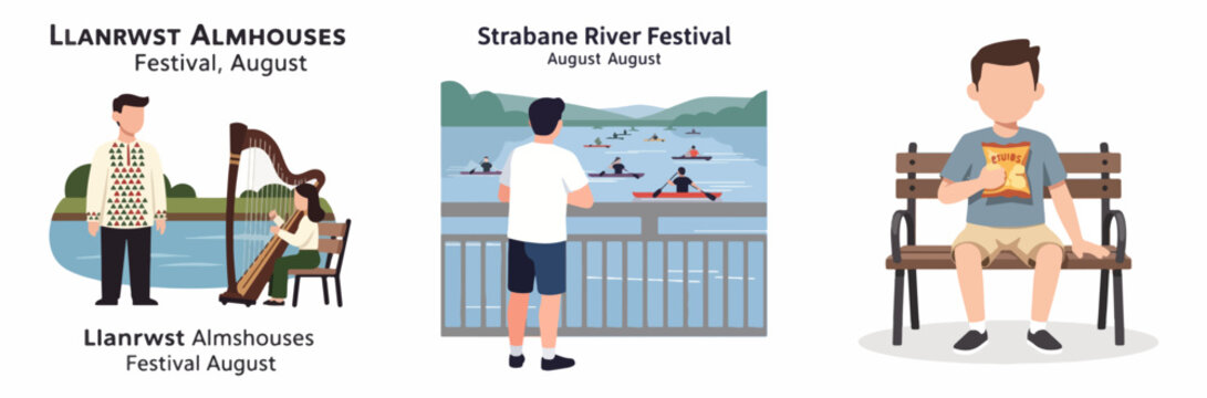 Llanrwst Almhouses Festival with Harpist and River Festival Scene