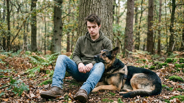 Young man with severe depression sitting against tree with loyal german shepherd therapy dog on lap