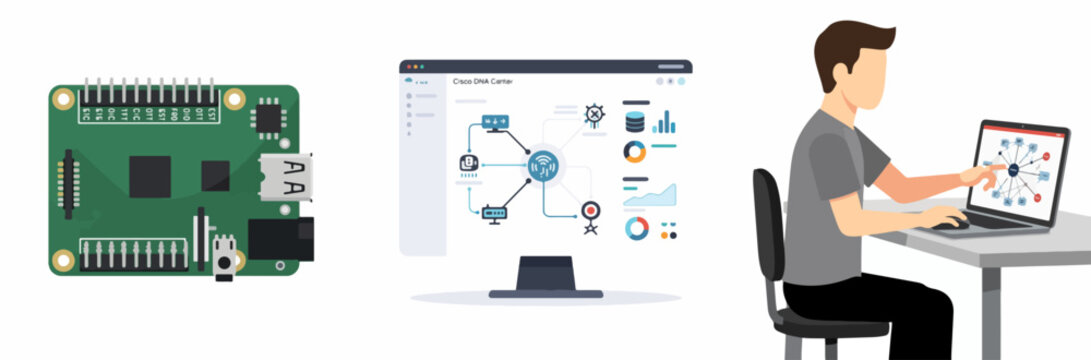 Professional analyzing Cisco DNA Center network analytics on laptop with IoT device