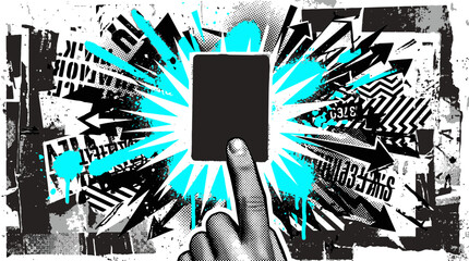 Urban graffiti street art background with hand holding blank card, grunge collage with arrows and cyan paint splashes, abstract punk poster vector © 成 sнıηяα тєηsєı ツ