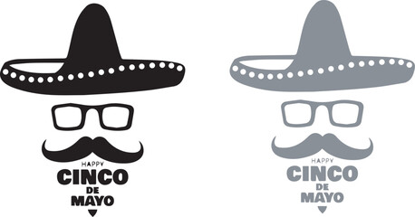 Cinco de Mayo vector illustration, Mexican man character with sombrero and mustache, black and grey holiday greeting card design © Sania