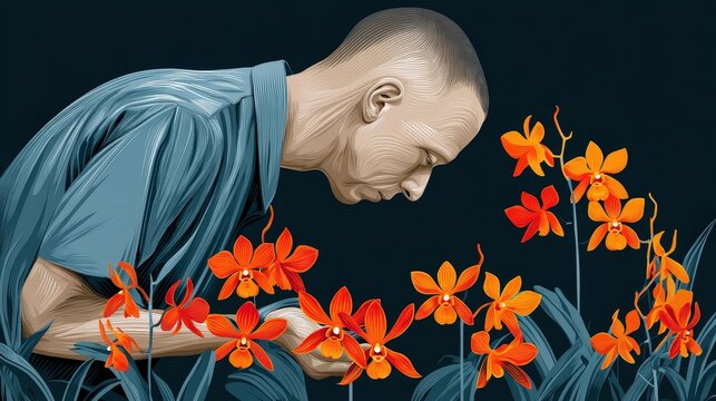 Serene Man in Monochrome Shirt Admiring Vibrant Red and Orange Orchids