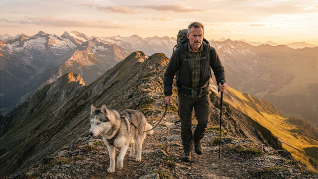 Veteran with anxiety walking up steep mountain ridge with husky support dog