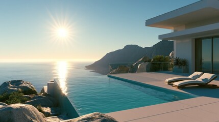 Fototapeta premium Luxury villa pool deck at golden sunset.