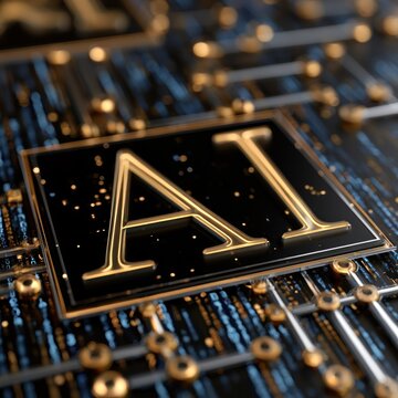 Golden AI letters embedded on high-tech circuit board.