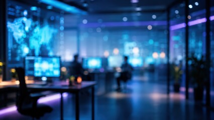 Obraz premium Technology office control room background blurred monitoring data center network operations center futuristic digital workspace interior lighting