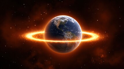Fototapeta premium Earth surrounded by a glowing orange ring, set against a dark cosmic background with stars.
