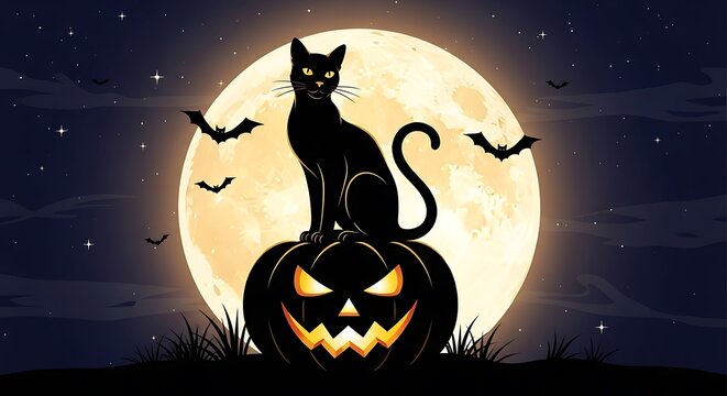 Black cat sitting on jack o lantern under a full moon with bats flying around