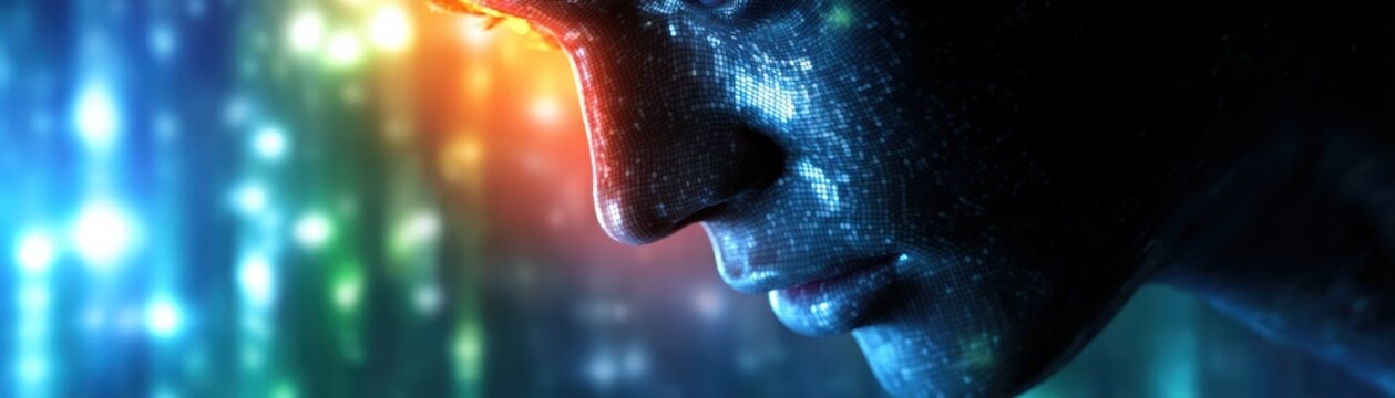 Digital close-up of a human face composed of glowing particles and data streams, symbolizing artificial intelligence and technology integration.