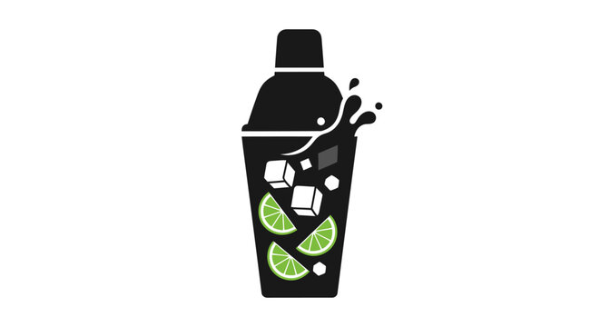 Cocktail shaker icon with lime and ice splashing.