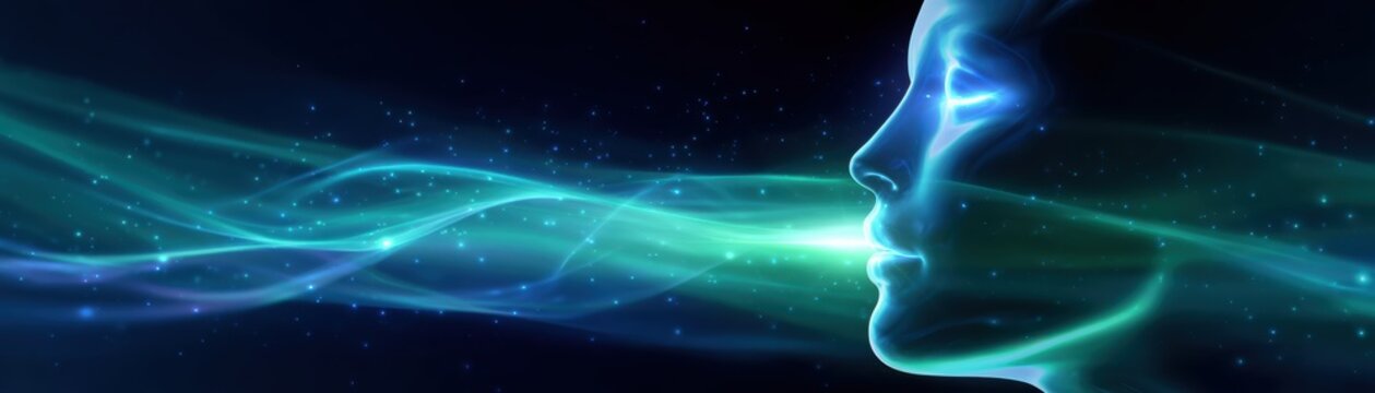 A glowing blue human face emits ethereal light waves, symbolizing digital connection and futuristic technology in a cosmic, abstract environment.