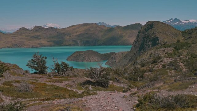 Picturesque landscape and turquoise lake in Torres del Paine National Park, Patagonia, Chile